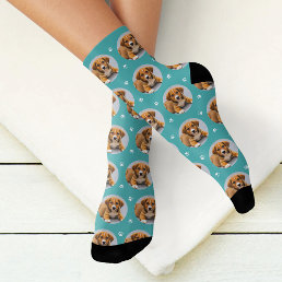 Fun Teal Blue Custom Dog Photo Paw Print Socks