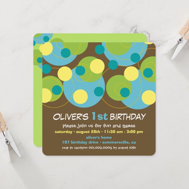 Fun Teal Bubbly Dots Photo Boy 1st Birthday Party Invitation (Front/Back In Situ)