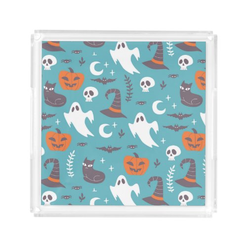 Fun Teal Doodle Halloween Pattern Acrylic Tray