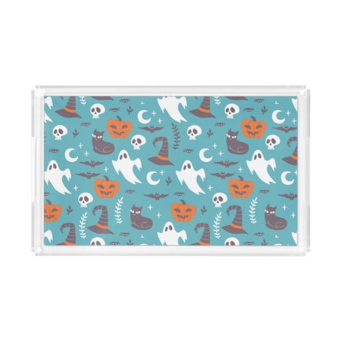 Fun Teal Doodle Halloween Pattern Acrylic Tray