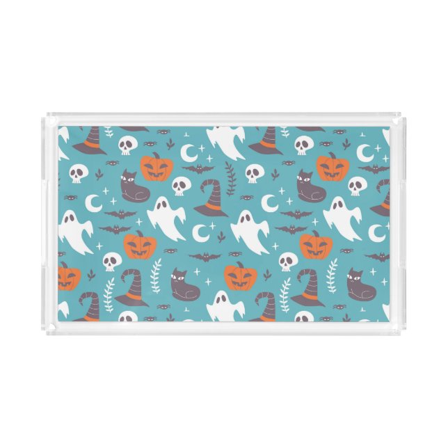 Fun Teal Doodle Halloween Pattern Acrylic Tray (Front)