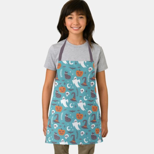 Fun Teal Doodle Halloween Pattern Apron