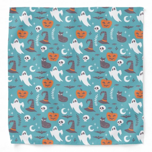 Fun Teal Doodle Halloween Pattern Bandana