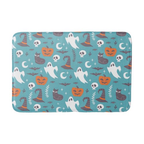 Fun Teal Doodle Halloween Pattern Bath Mat