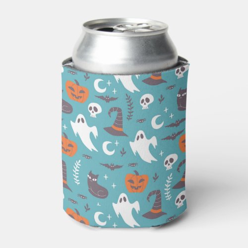 Fun Teal Doodle Halloween Pattern Can Cooler