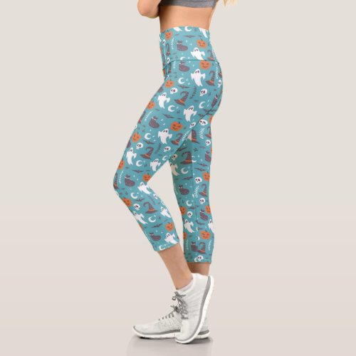 Fun Teal Doodle Halloween Pattern Capri Leggings