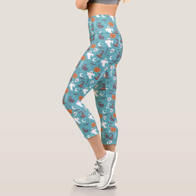 Fun Teal Doodle Halloween Pattern Capri Leggings (Left)