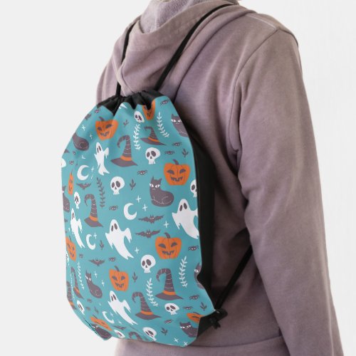 Fun Teal Doodle Halloween Pattern Drawstring Bag