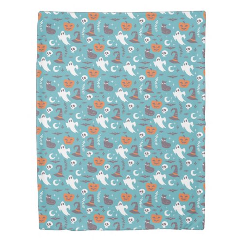 Fun Teal Doodle Halloween Pattern Duvet Cover