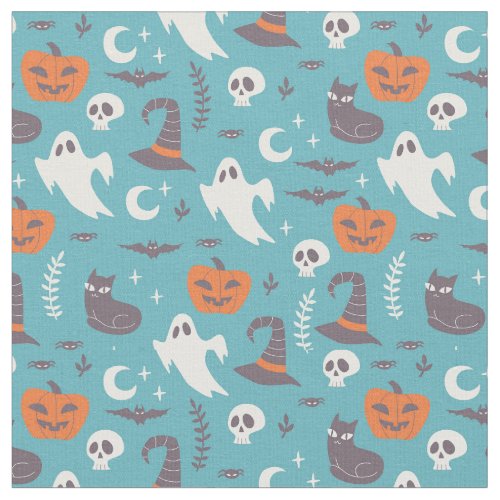 Fun Teal Doodle Halloween Pattern Fabric