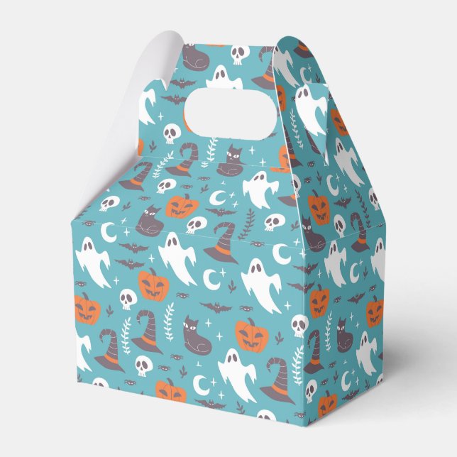 Fun Teal Doodle Halloween Pattern Favor Boxes (Front Side)