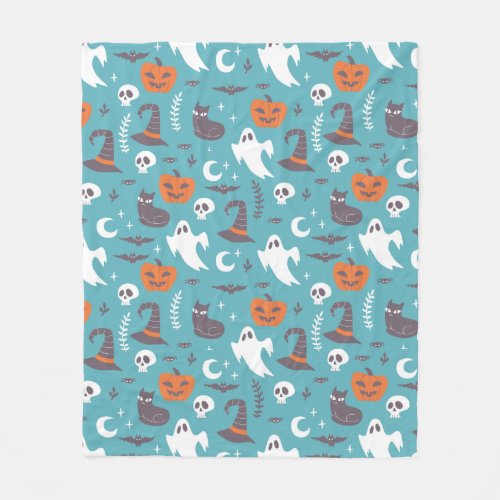 Fun Teal Doodle Halloween Pattern Fleece Blanket