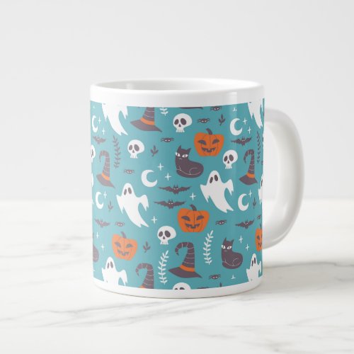 Fun Teal Doodle Halloween Pattern Giant Coffee Mug