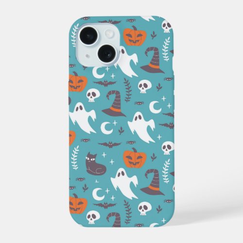 Fun Teal Doodle Halloween Pattern iPhone 15 Case