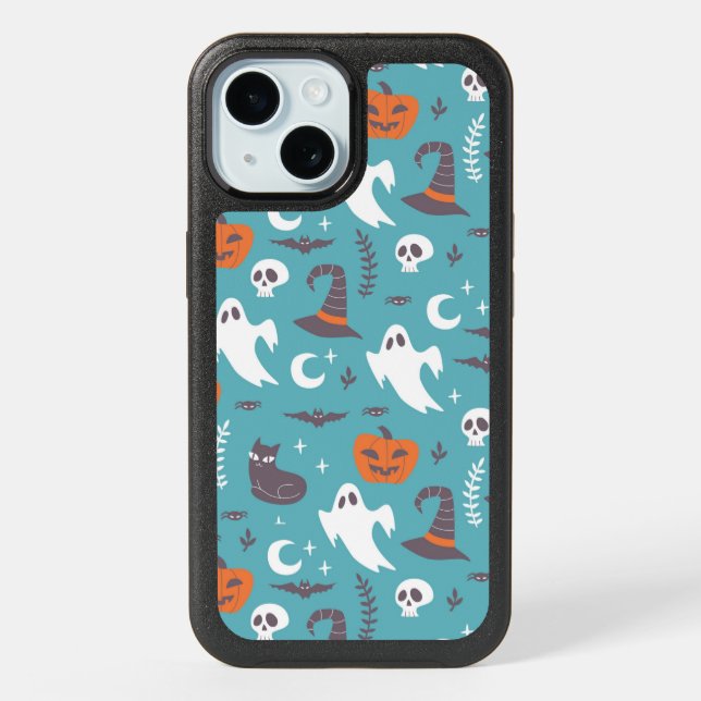 Fun Teal Doodle Halloween Pattern iPhone 15 Case (Back)