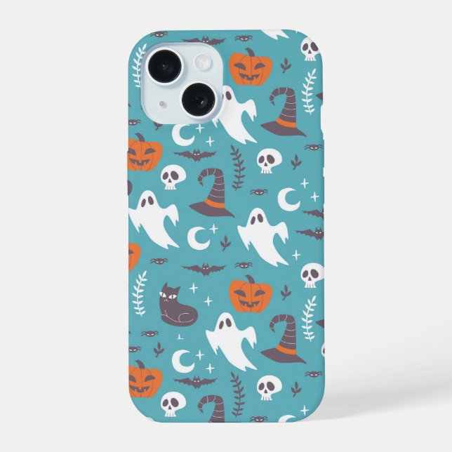 Fun Teal Doodle Halloween Pattern Iphone Case (Back)