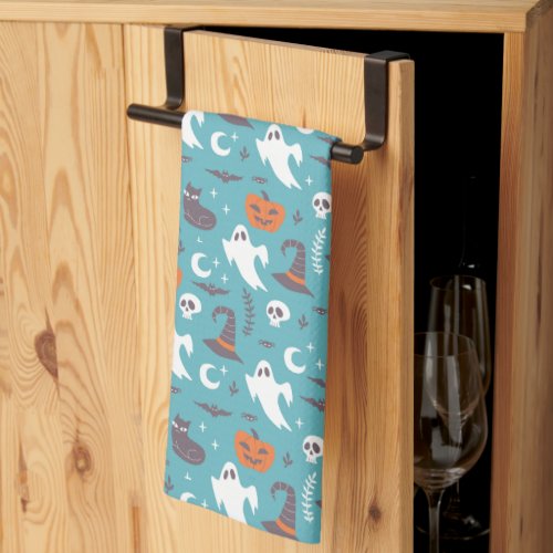 Fun Teal Doodle Halloween Pattern Kitchen Towel