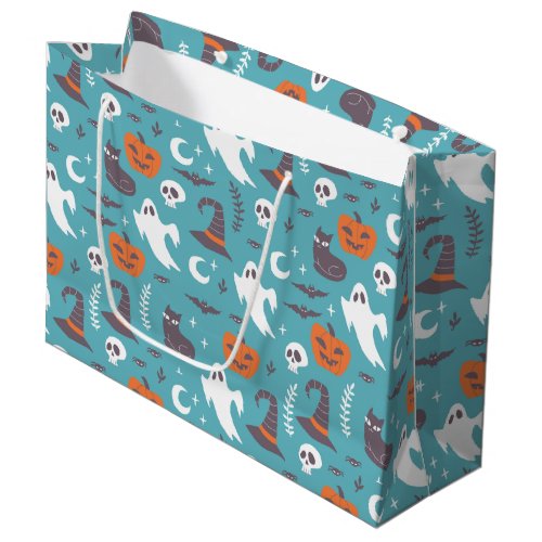 Fun Teal Doodle Halloween Pattern Large Gift Bag