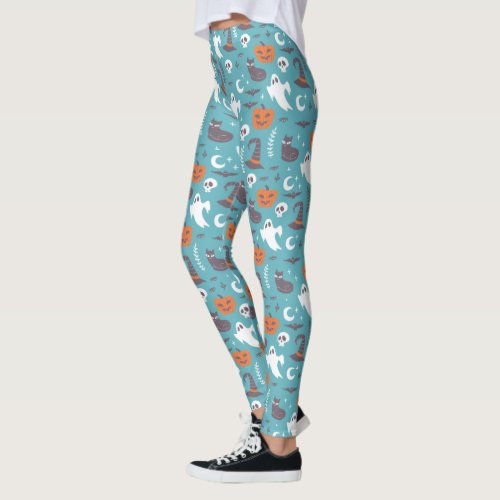 Fun Teal Doodle Halloween Pattern Leggings