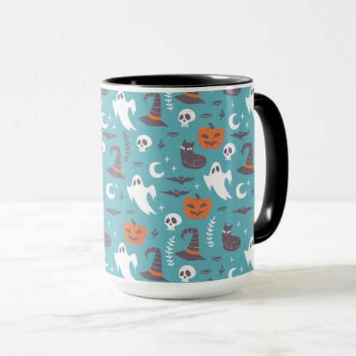 Fun Teal Doodle Halloween Pattern Mug