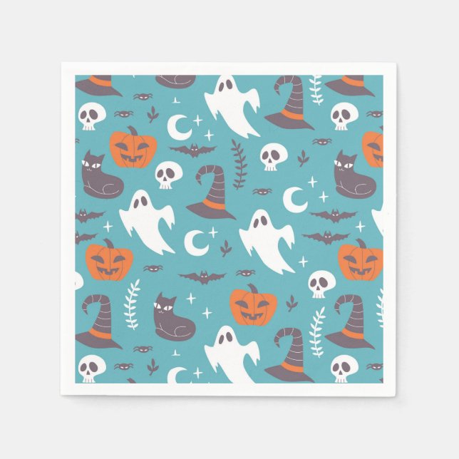 Fun Teal Doodle Halloween Pattern Napkins (Front)
