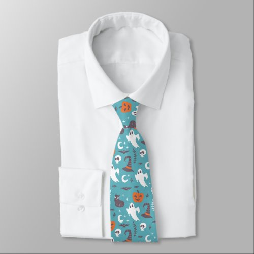 Fun Teal Doodle Halloween Pattern Neck Tie