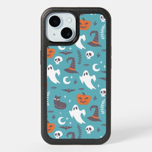 Fun Teal Doodle Halloween Pattern iPhone 15 Case