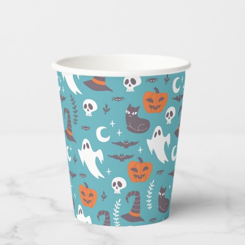 Fun Teal Doodle Halloween Pattern Paper Cups