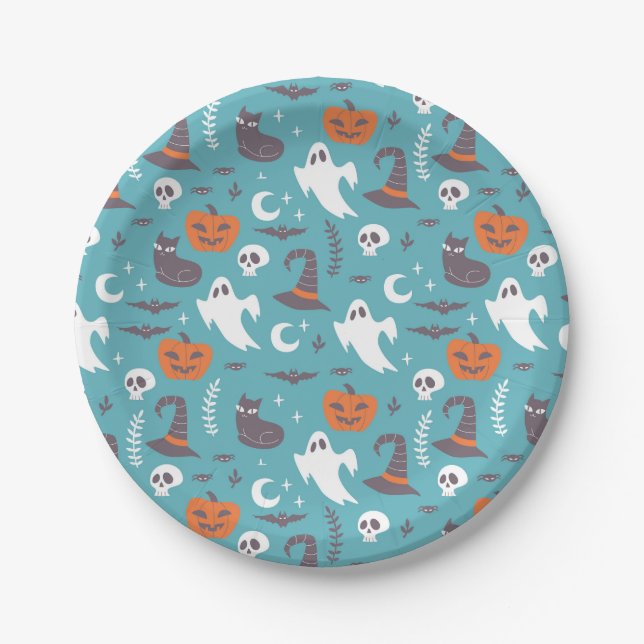 Fun Teal Doodle Halloween Pattern Paper Plates (Front)