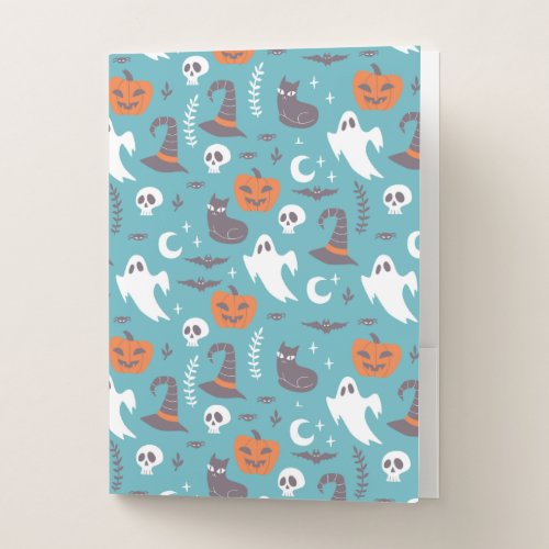 Fun Teal Doodle Halloween Pattern Pocket Folder