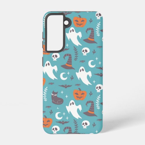 Fun Teal Doodle Halloween Pattern Samsung Galaxy S21 Case