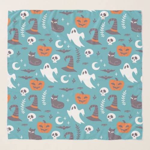 Fun Teal Doodle Halloween Pattern Scarf