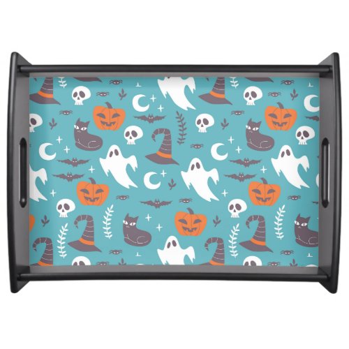 Fun Teal Doodle Halloween Pattern Serving Tray