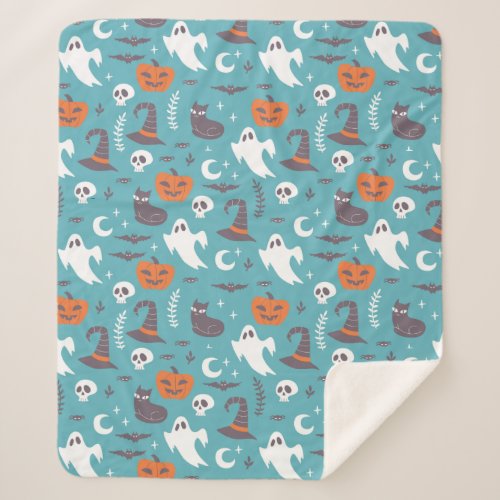 Fun Teal Doodle Halloween Pattern Sherpa Blanket