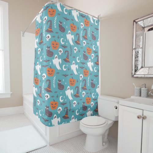 Fun Teal Doodle Halloween Pattern Shower Curtain