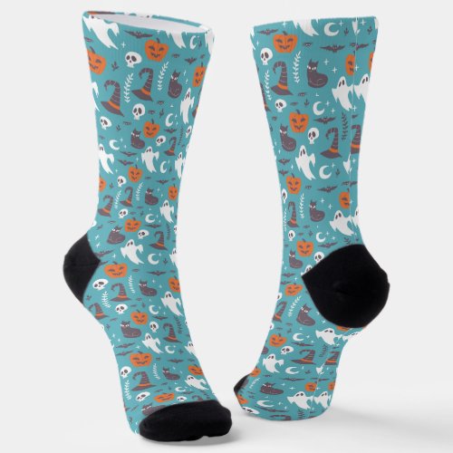 Fun Teal Doodle Halloween Pattern Socks