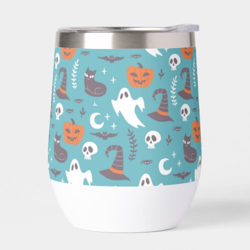 Fun Teal Doodle Halloween Pattern Thermal Wine Tumbler