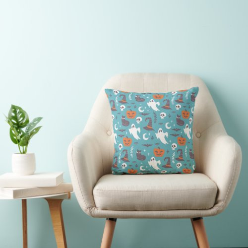 Fun Teal Doodle Halloween Pattern Throw Pillow