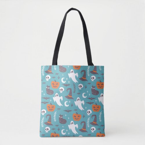 Fun Teal Doodle Halloween Pattern Tote Bag