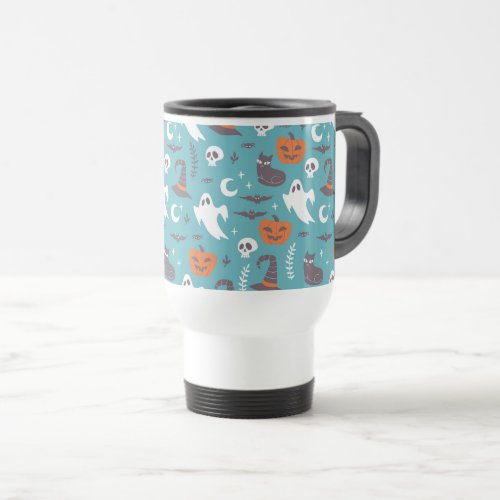 Fun Teal Doodle Halloween Pattern Travel Mug