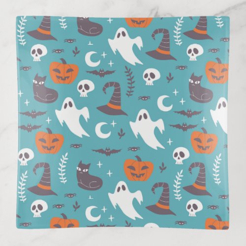 Fun Teal Doodle Halloween Pattern Trinket Tray