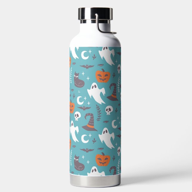 Fun Teal Doodle Halloween Pattern Water Bottle (Left)