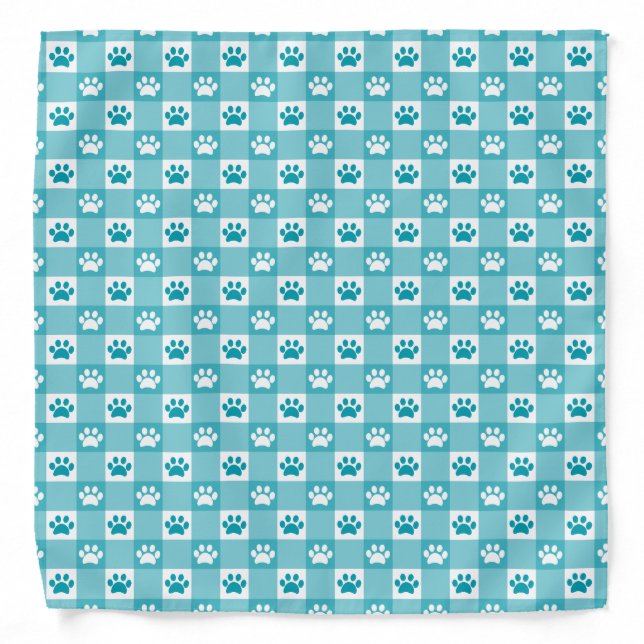 Fun Teal Gingham with Paw Prints Bandana (Front)