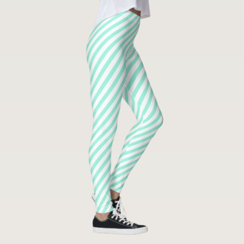 Fun Teal Green Diagonal Striped Leggings