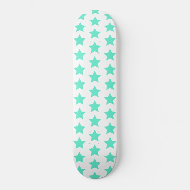 Fun Teal Green Stars Pattern Skateboard Deck (Front)