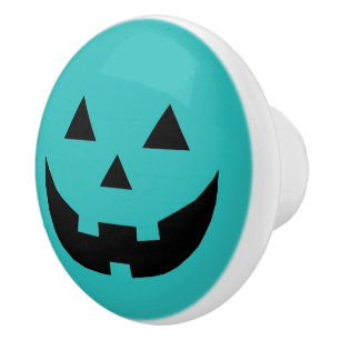 Fun teal Jack o lantern pumpkin face Halloween Ceramic Knob