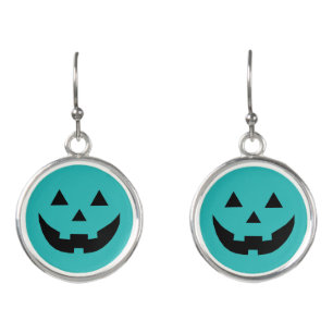 Fun teal Jack o lantern pumpkin face Halloween Earrings