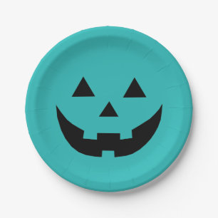Fun teal jack o lantern pumpkin face Halloween Paper Plates