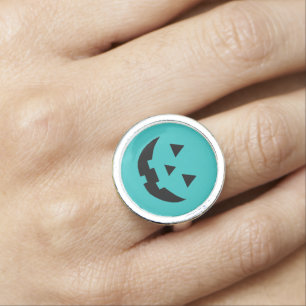 Fun teal Jack o lantern pumpkin face Halloween Ring