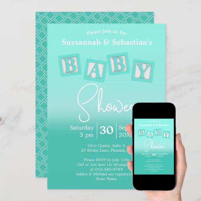 Fun Teal Ombre BABY Blocks Shower Invitation Zazzle